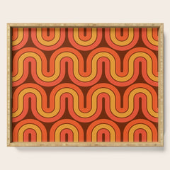 70s Retro Vintage Style Geometric Pattern Autumn Brown Orange and Yellow Serving Tray