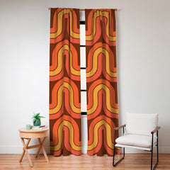 70s Retro Vintage Style Geometric Pattern Autumn Brown Orange and Yellow Window Curtain