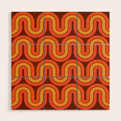 70s Retro Vintage Style Geometric Pattern Autumn Brown Orange and Yellow Wood Wall Art