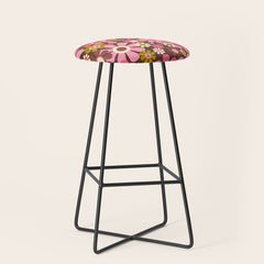 60s 70s Retro Floral Garden Cheerful Flower Pattern in Brown Pink Avocado Stool