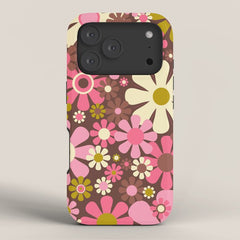 60s 70s Retro Floral Garden Cheerful Flower Pattern in Brown Pink Avocado iPhone Case