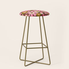 60s 70s Retro Floral Garden Cheerful Flower Pattern in Brown Pink Avocado Stool