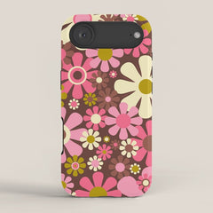 60s 70s Retro Floral Garden Cheerful Flower Pattern in Brown Pink Avocado iPhone Case