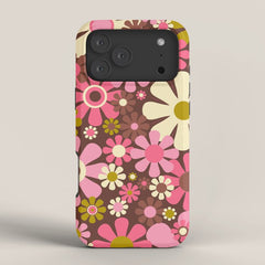 60s 70s Retro Floral Garden Cheerful Flower Pattern in Brown Pink Avocado iPhone Case