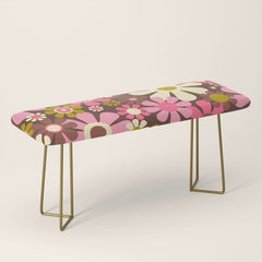 60s 70s Retro Floral Garden Cheerful Flower Pattern in Brown Pink Avocado Bench