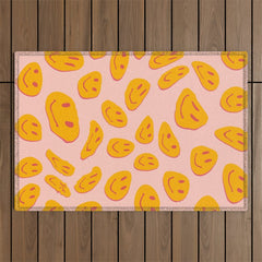 70s retro yellow smile face illustration Outdoor Rug