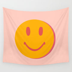 70s retro yellow smile face illustration Wall Tapestry