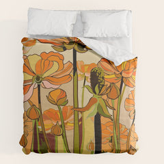 70s, Orange California poppies, mid century, 70s retro, flowers Duvet Cover