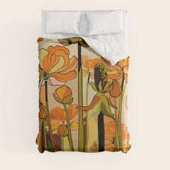 70s, Orange California poppies, mid century, 70s retro, flowers Duvet Cover