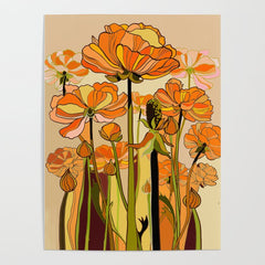 70s, Orange California poppies, mid century, 70s retro, flowers Poster