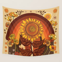 70s, Sunflower, retro, rainbow, warm colors, 60s, boho Wall Tapestry