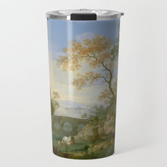 A Landscape with Distant Classical Ruins, a Bridge, Figures, and Cattle Travel Mug