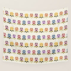 70s Retro Florals Pattern with Linen Texture Wall Tapestry