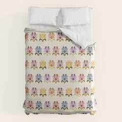 70s Retro Florals Pattern with Linen Texture Duvet Cover