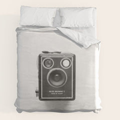 A Kodak Brownie analog vintage camera on a white background Retro photography in black and white Duvet Cover