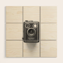 A Kodak Brownie analog vintage camera on a white background Retro photography in black and white Wood Wall Art