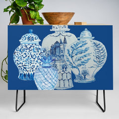 4 Four 4 Blue and White Ginger Jars Credenza