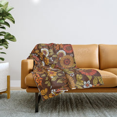 70s retro ditzy flowers, boho, browns, orange, hippie Throw Blanket