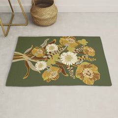 70s, flowers, green, retro, vintage, floral bouquet, olive green Rug