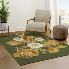 70s, flowers, green, retro, vintage, floral bouquet, olive green Rug