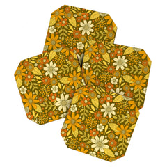 1970s Retro Flowers Pattern in Yellow, Orange & Olive Green Coaster