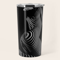 0721s-MM BW Fine Art Nude Tiger Striped Woman on Her Knees Travel Mug