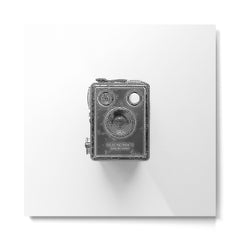 A Kodak Brownie analog vintage camera on a white background Retro photography in black and white Metal Print