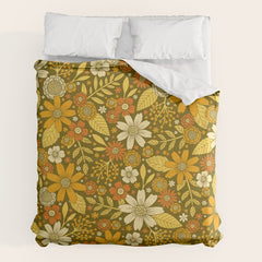 1970s Retro Flowers Pattern in Yellow, Orange & Olive Green Duvet Cover