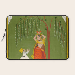 A female attendant is standing in tribhanga pose under a tree. A small child vies for her attention. Laptop Sleeve
