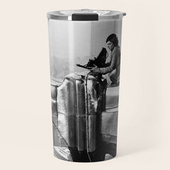 1930 Margaret Bourke-White atop of the world New York City skyline black and white photograph Travel Mug