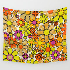 70s Retro Flowers Gingham Floral Pattern Orange Yellow Cream Wall Tapestry