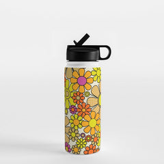 70s Retro Flowers Gingham Floral Pattern Orange Yellow Cream Water Bottle