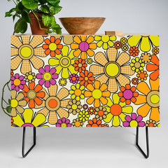 70s Retro Flowers Gingham Floral Pattern Orange Yellow Cream Credenza