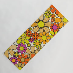 70s Retro Flowers Gingham Floral Pattern Orange Yellow Cream Yoga Mat