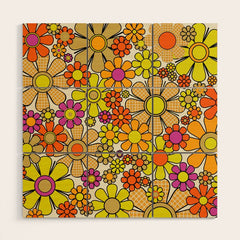 70s Retro Flowers Gingham Floral Pattern Orange Yellow Cream Wood Wall Art
