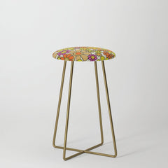 70s Retro Flowers Gingham Floral Pattern Orange Yellow Cream Stool