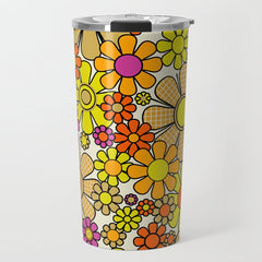 70s Retro Flowers Gingham Floral Pattern Orange Yellow Cream Travel Mug