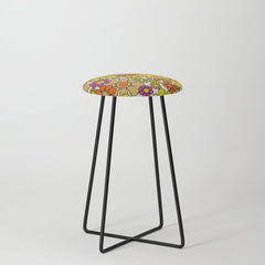 70s Retro Flowers Gingham Floral Pattern Orange Yellow Cream Stool