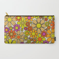 70s Retro Flowers Gingham Floral Pattern Orange Yellow Cream Carry All Pouch