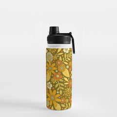 1970s Retro Flowers Pattern in Yellow, Orange & Olive Green Water Bottle