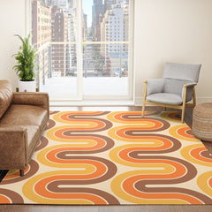70s Retro Vintage Style Wave Pattern Autumn Brown Orange and Yellow Rug
