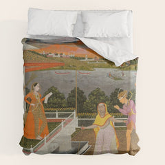 A blindfolded suitor is brought before a princess; verso/ scrolling floral vines 1755 Fayzullah Indian Miniature Painting Duvet Cover