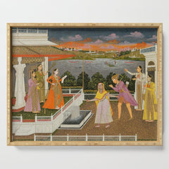 A blindfolded suitor is brought before a princess; verso/ scrolling floral vines 1755 Fayzullah Indian Miniature Painting Serving Tray