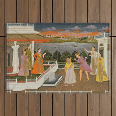 A blindfolded suitor is brought before a princess; verso/ scrolling floral vines 1755 Fayzullah Indian Miniature Painting Outdoor Rug