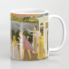 A blindfolded suitor is brought before a princess; verso/ scrolling floral vines 1755 Fayzullah Indian Miniature Painting Coffee Mug
