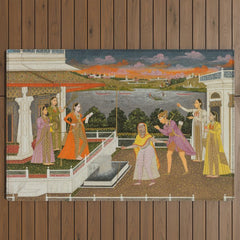 A blindfolded suitor is brought before a princess; verso/ scrolling floral vines 1755 Fayzullah Indian Miniature Painting Outdoor Rug