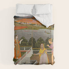 A blindfolded suitor is brought before a princess; verso/ scrolling floral vines 1755 Fayzullah Indian Miniature Painting Duvet Cover