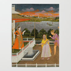 A blindfolded suitor is brought before a princess; verso/ scrolling floral vines 1755 Fayzullah Indian Miniature Painting Poster