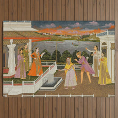 A blindfolded suitor is brought before a princess; verso/ scrolling floral vines 1755 Fayzullah Indian Miniature Painting Outdoor Rug