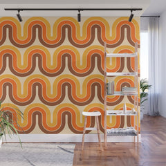 70s Retro Vintage Style Wave Pattern Autumn Brown Orange and Yellow Wall Mural